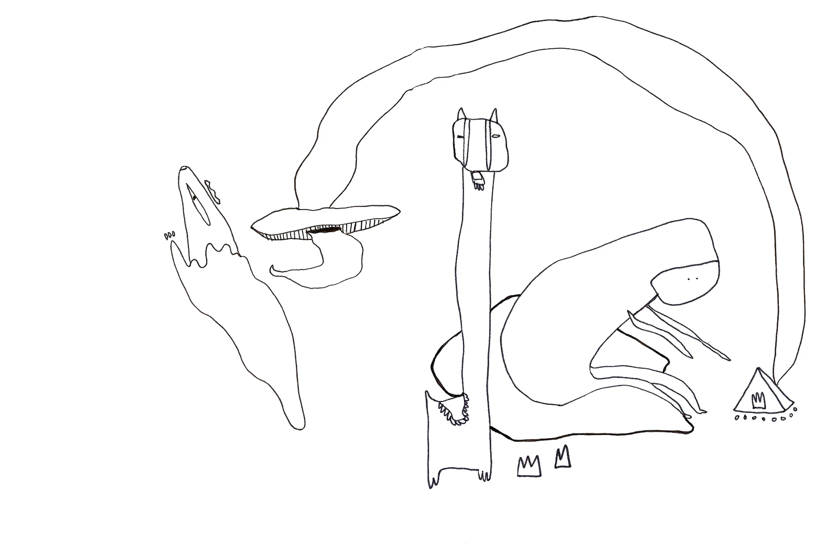 Dessin au trait clairsemé : une figure à tête de chat juchée sur un long cou, une grande arche qui la surplombe, une créature accroupie à droite, et de petits glyphes en forme de montagnes et de tente.