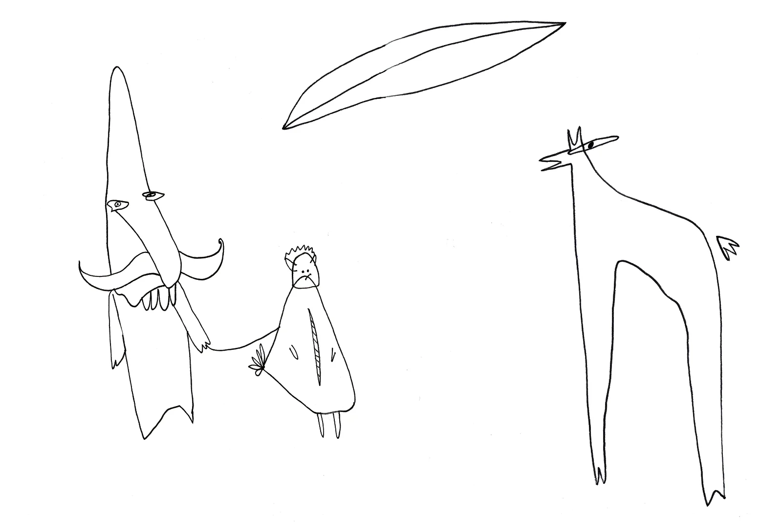 Figure au chapeau pointu et à la longue moustache promenant en laisse une petite créature à crête ; une grande forme en feuille flotte au-dessus, un animal au long cou coiffé d'un chapeau plat se tient à droite.