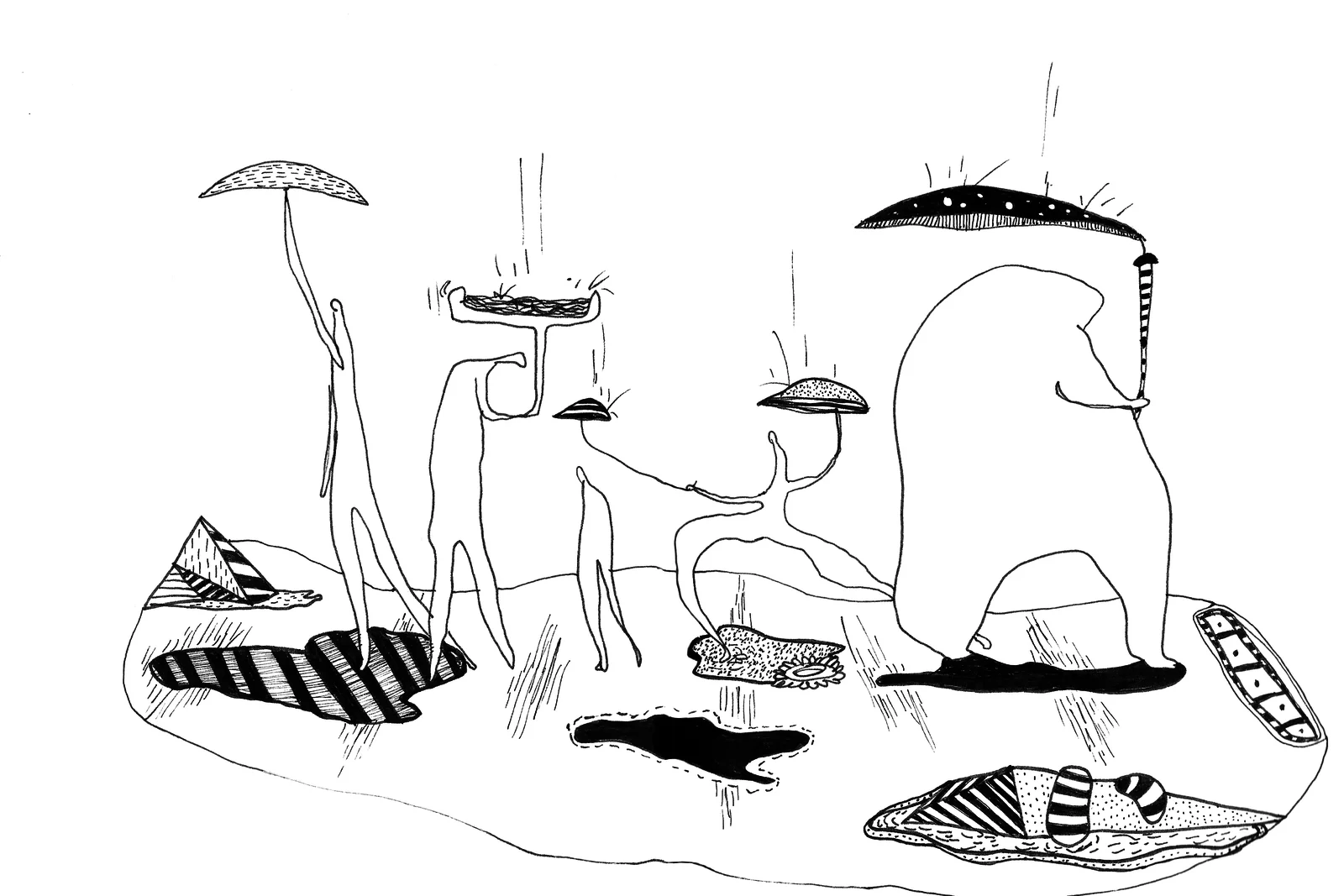 Cortège de figures longilignes portant des ombrelles en forme de champignons, suivies d'une grande bête blanche également abritée, sur un tertre semé de pierres rayées.