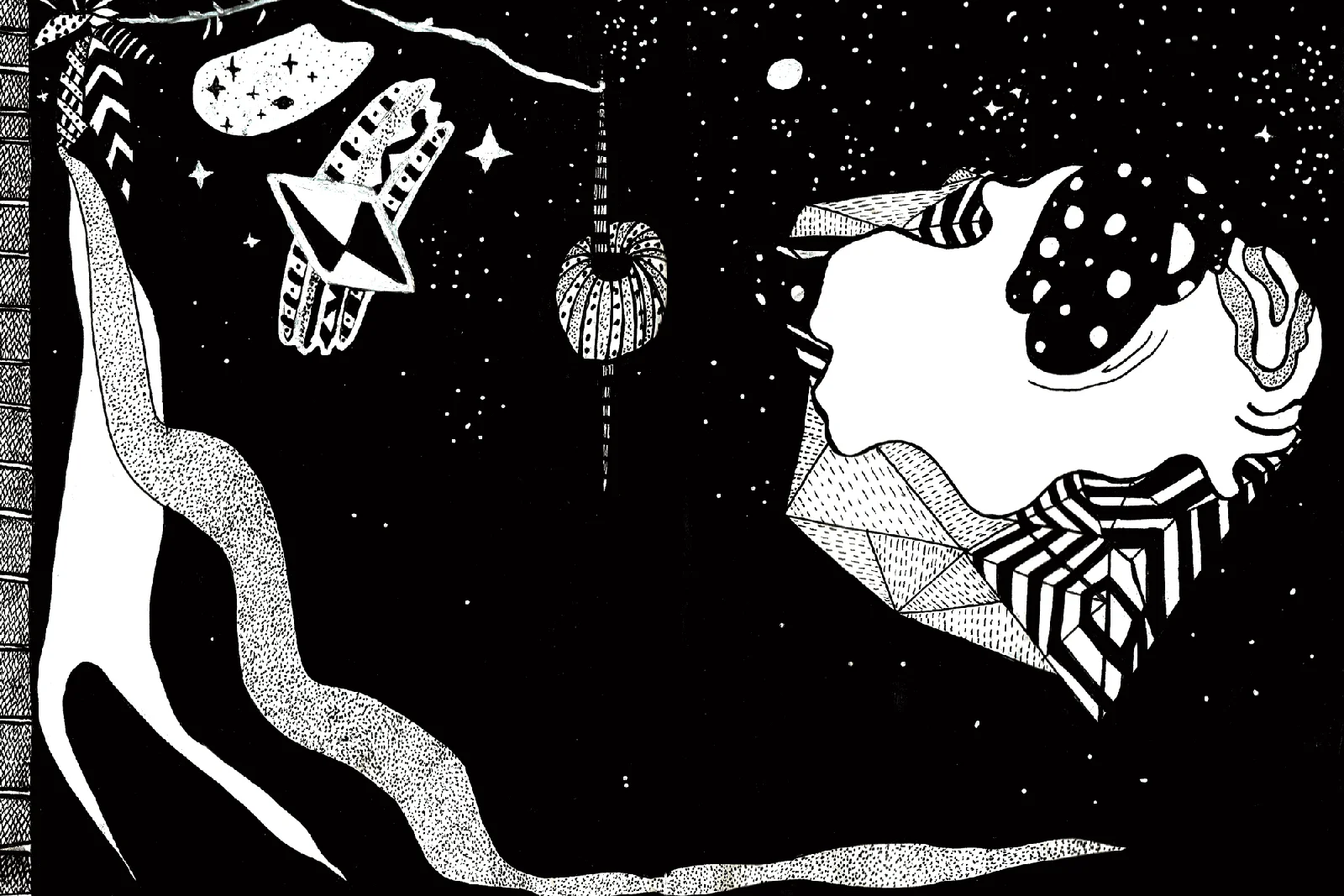 Ciel nocturne saturé d'étoiles blanches : un immense profil de visage occupe la droite, coiffé d'un bonnet à pois et d'un col à facettes ; à gauche une rivière blanche descend, une lanterne rayée pend au milieu.
