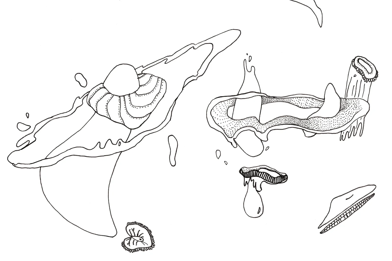 Formes organiques flottant sur la page blanche : masses plates aux bandes rayées, ruban pointillé, colonne à frange et petits champignons dégoulinants, encre noire.