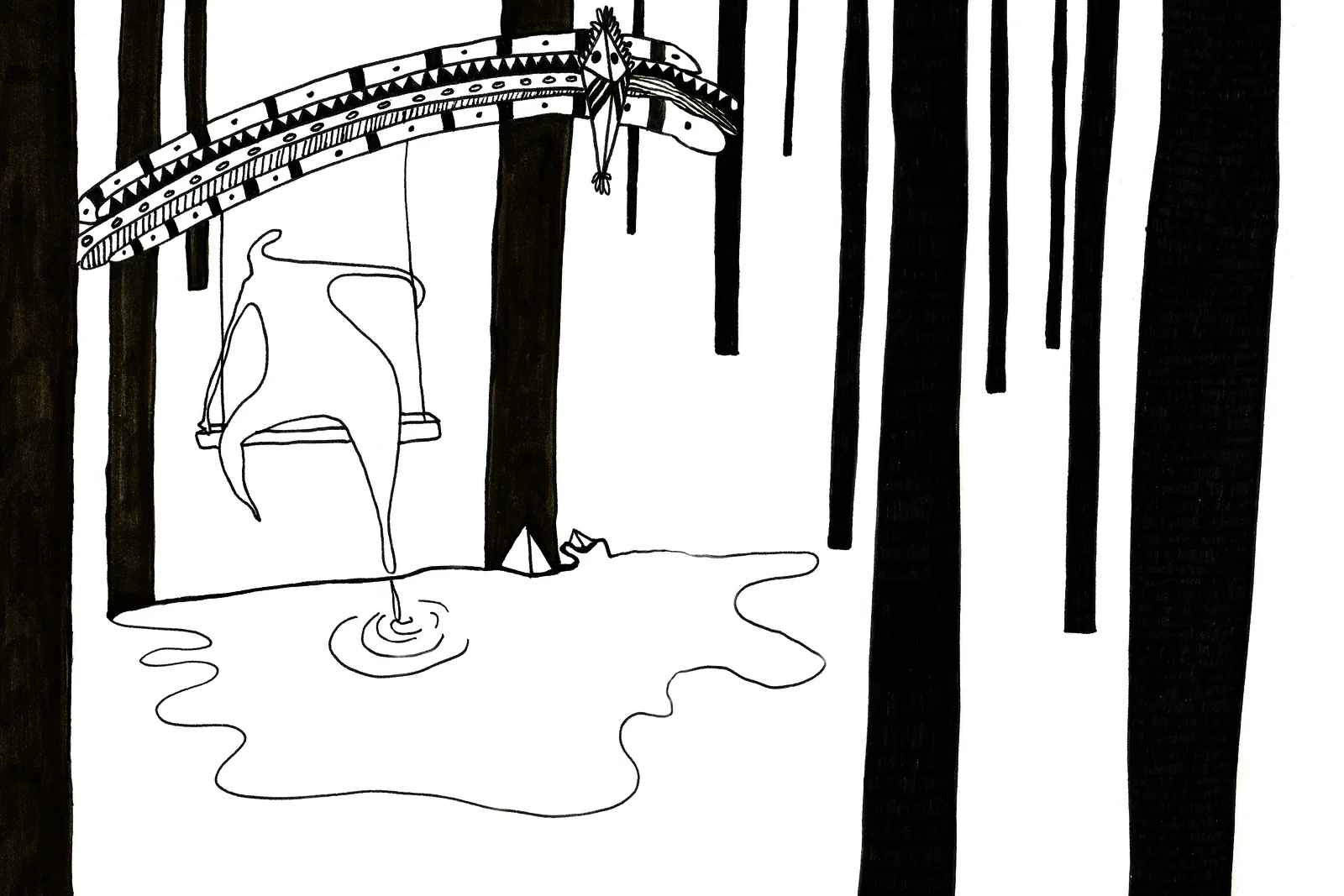 Forêt de troncs noirs pleins ; une banderole à motifs traverse le haut de la page, une balançoire y est suspendue avec une figure au trait assise dessus, dont le membre coule en gouttes dans une flaque qui s'ouvre en rides.