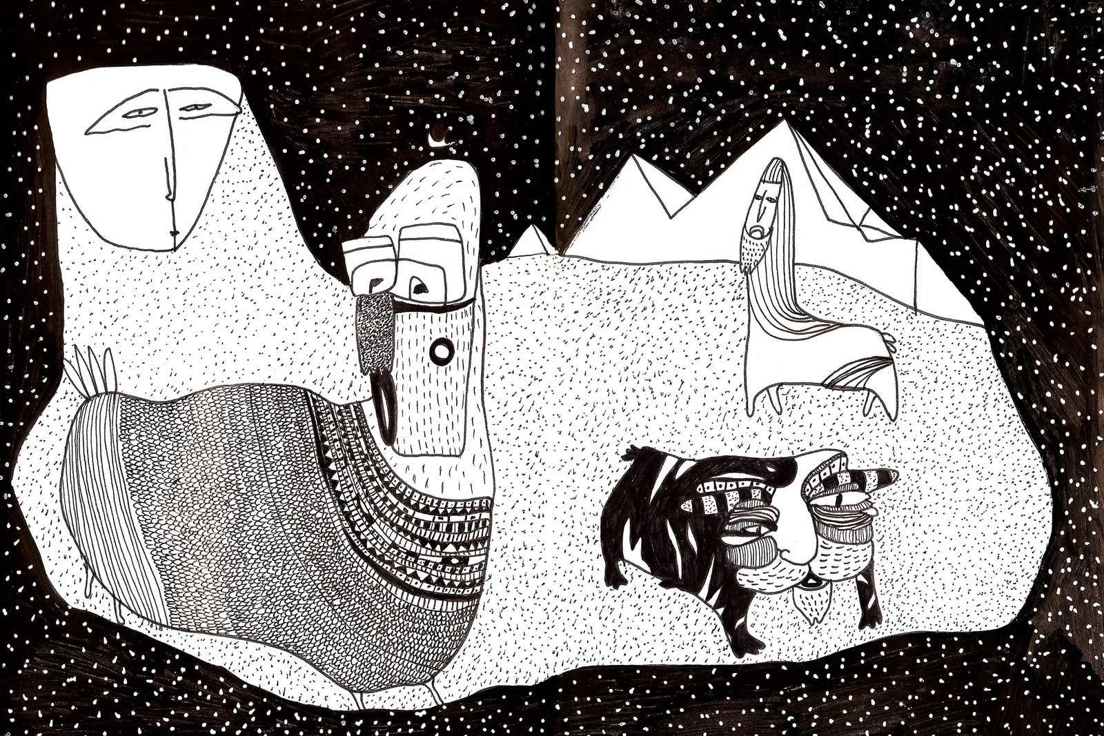 Nuit étoilée à l'encre : sur une masse de terre pointillée se tiennent une tête rectangulaire au long nez, une figure aux larges bandeaux sur les yeux et une bête sombre au pelage hirsute ; montagnes blanches à l'arrière-plan.