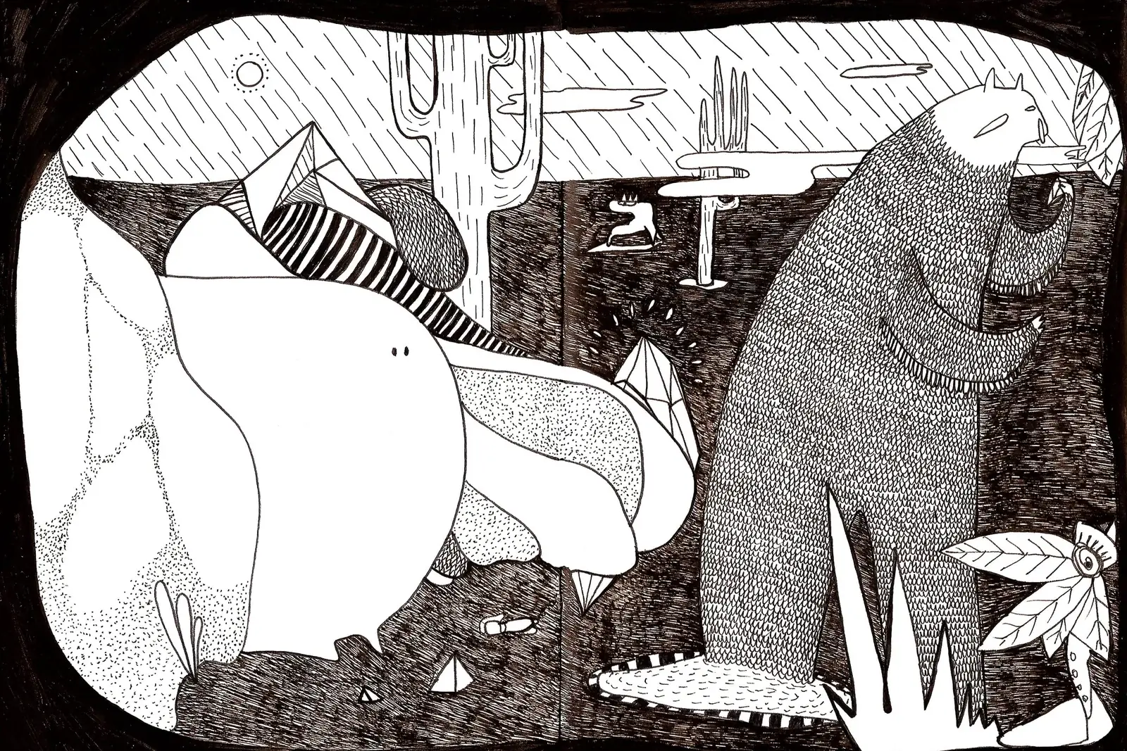 Deux grandes bêtes se font face dans un cadre noir : à gauche une créature blanche allongée à l'écharpe rayée, à droite un ours au pelage entièrement hachuré, debout ; cactus, pluie hachurée et cristaux autour d'elles.