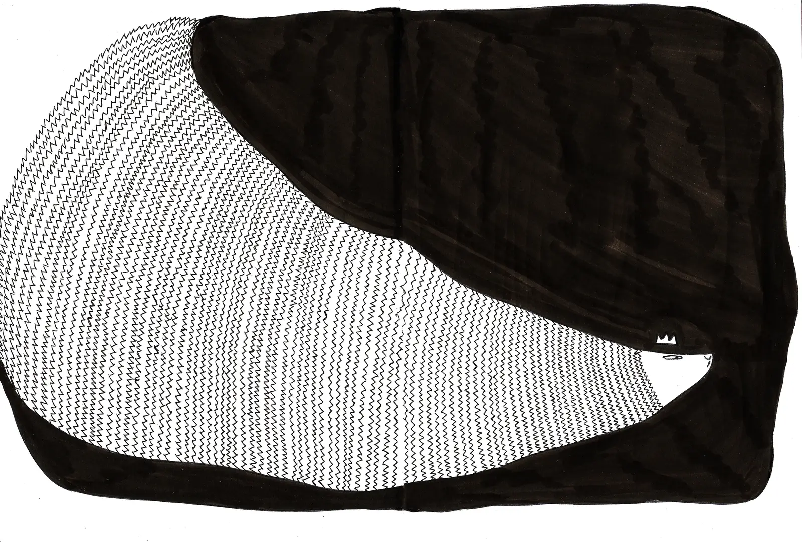 Une seule masse d'encre brune emplit la double page ; un vaste croissant de hachures en zigzag la traverse, et une petite tête blanche d'ours apparaît sur la droite.