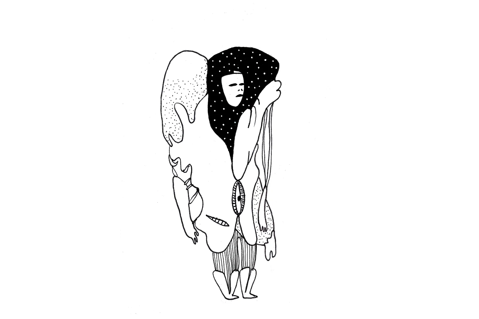 Figure debout dont la tête est un champ noir semé d'étoiles blanches, un petit visage pâle en son centre ; une forme pointillée l'accompagne, les jambes sont rayées.