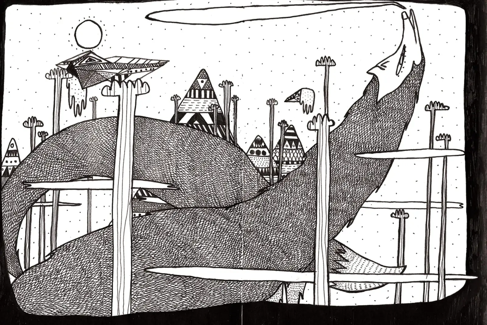 Immense bête hachurée couchée en travers de la double page, la tête dressée à droite ; autour d'elle des mâts-champignons, de petites tentes rayées, un oiseau et une lune.