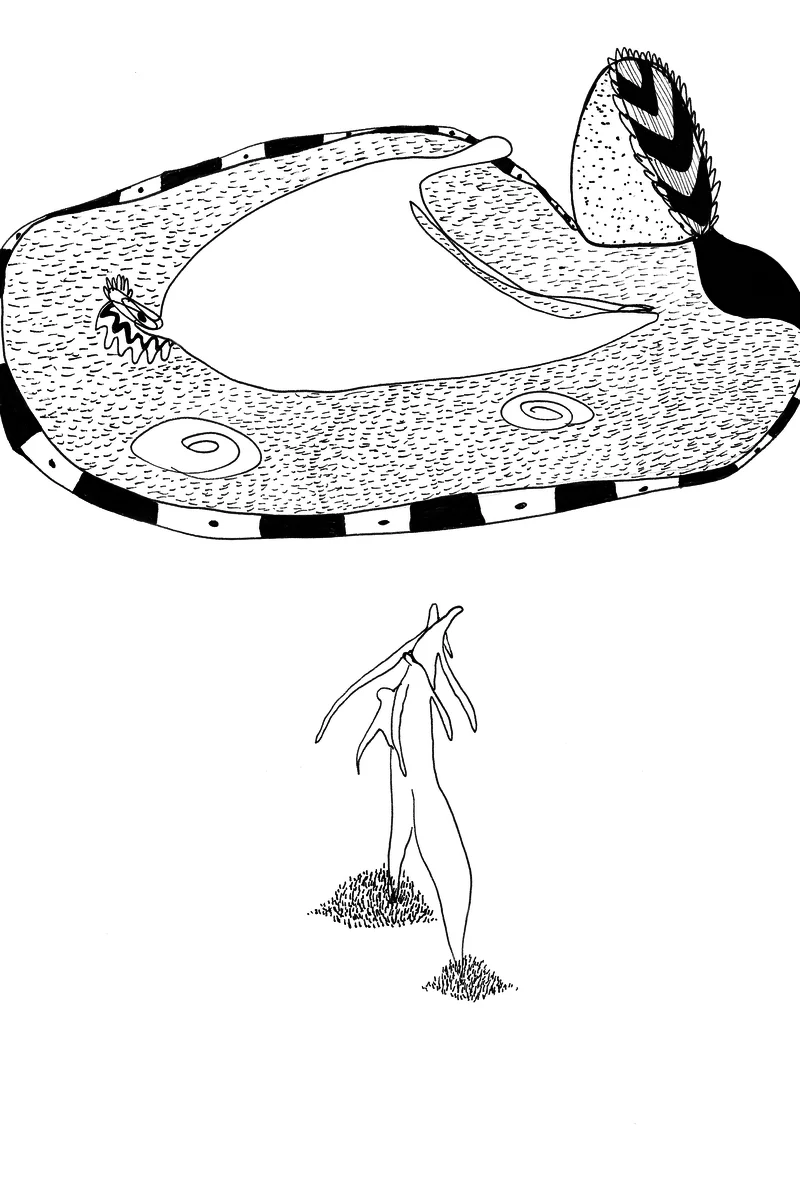 Grande masse ovale hachurée, cerclée d'un liseré rayé, suspendue au-dessus d'une figure filiforme aux bras levés, debout sur des touffes d'herbe.