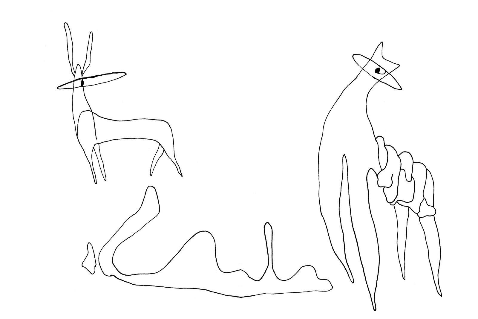 Dessin au trait très épuré : un cervidé au large bandeau-œil en haut à gauche, une grande créature coiffée d'un chapeau pointu à droite, et une ligne de relief ondulée au bas de la page.