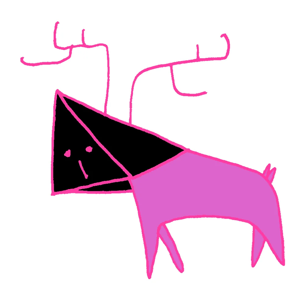 Créature rose sur pattes dont la tête est un large triangle noir, surmontée de bois filiformes roses — FREDC