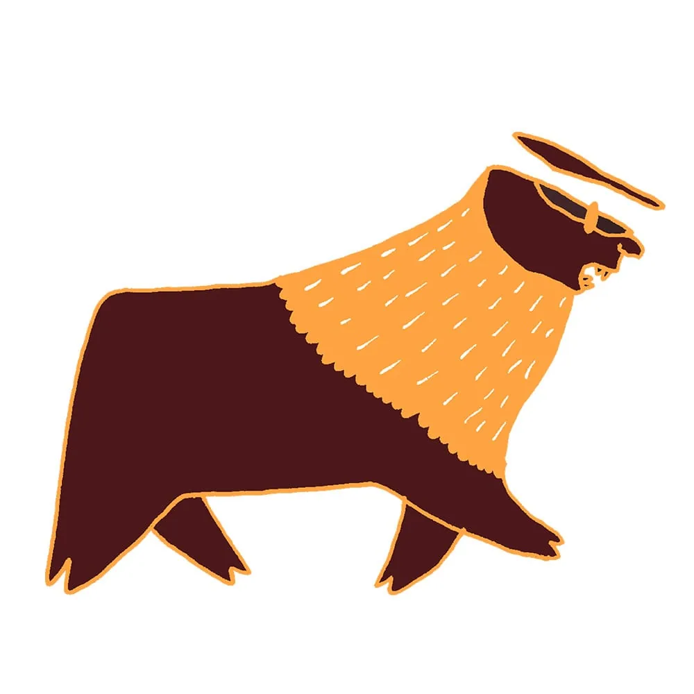 Bête au corps brun foncé et à l'épaisse crinière orange hachurée, longue corne recourbée, entre le taureau et le bison — dessin de FREDC