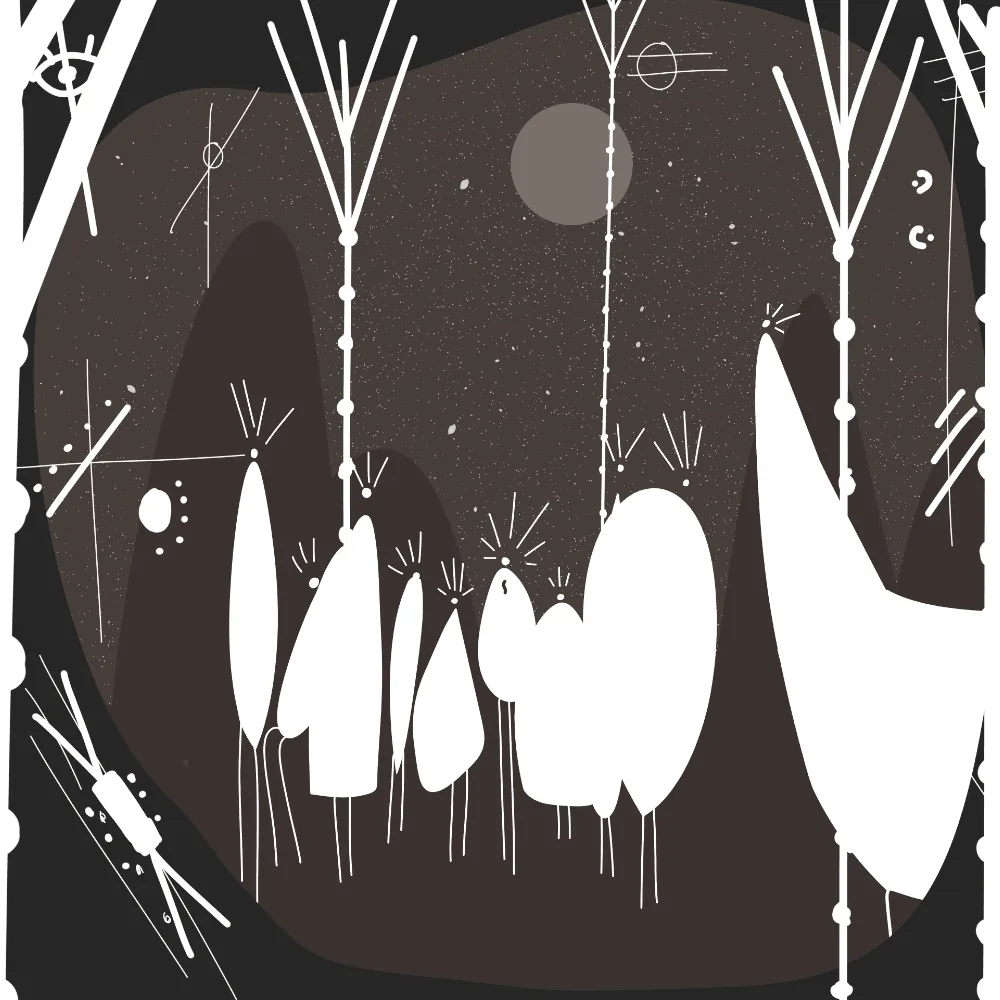 Forêt en monochrome brun : hautes formes blanches dressées sur un sol sombre piqué d'étoiles, sous une petite lune pâle
