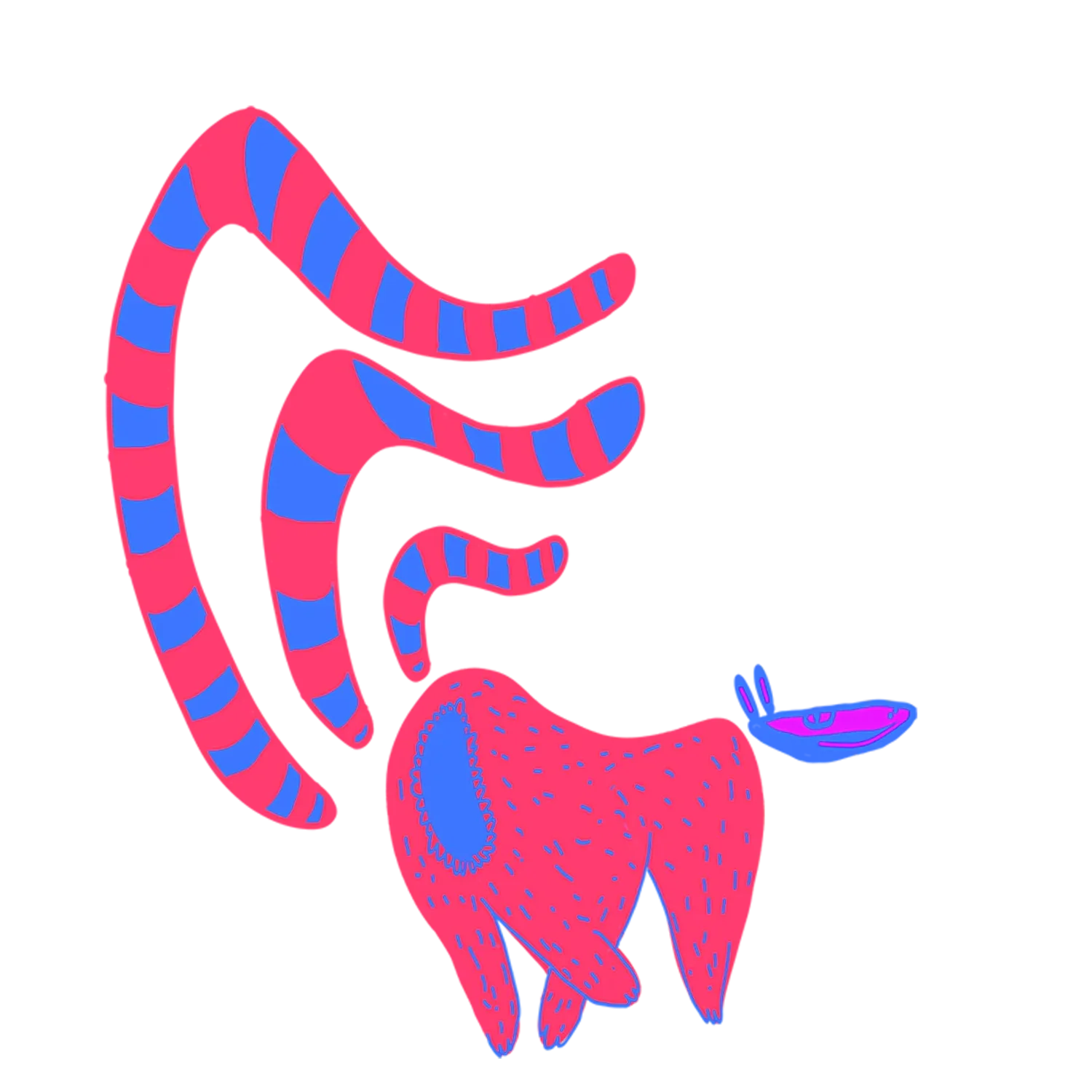 Créature-lémur au corps rouge moucheté de bleu, trois longs appendices rayés de rouge et de bleu déployés en arceaux au-dessus d'elle — dessin coloré numériquement de FREDC