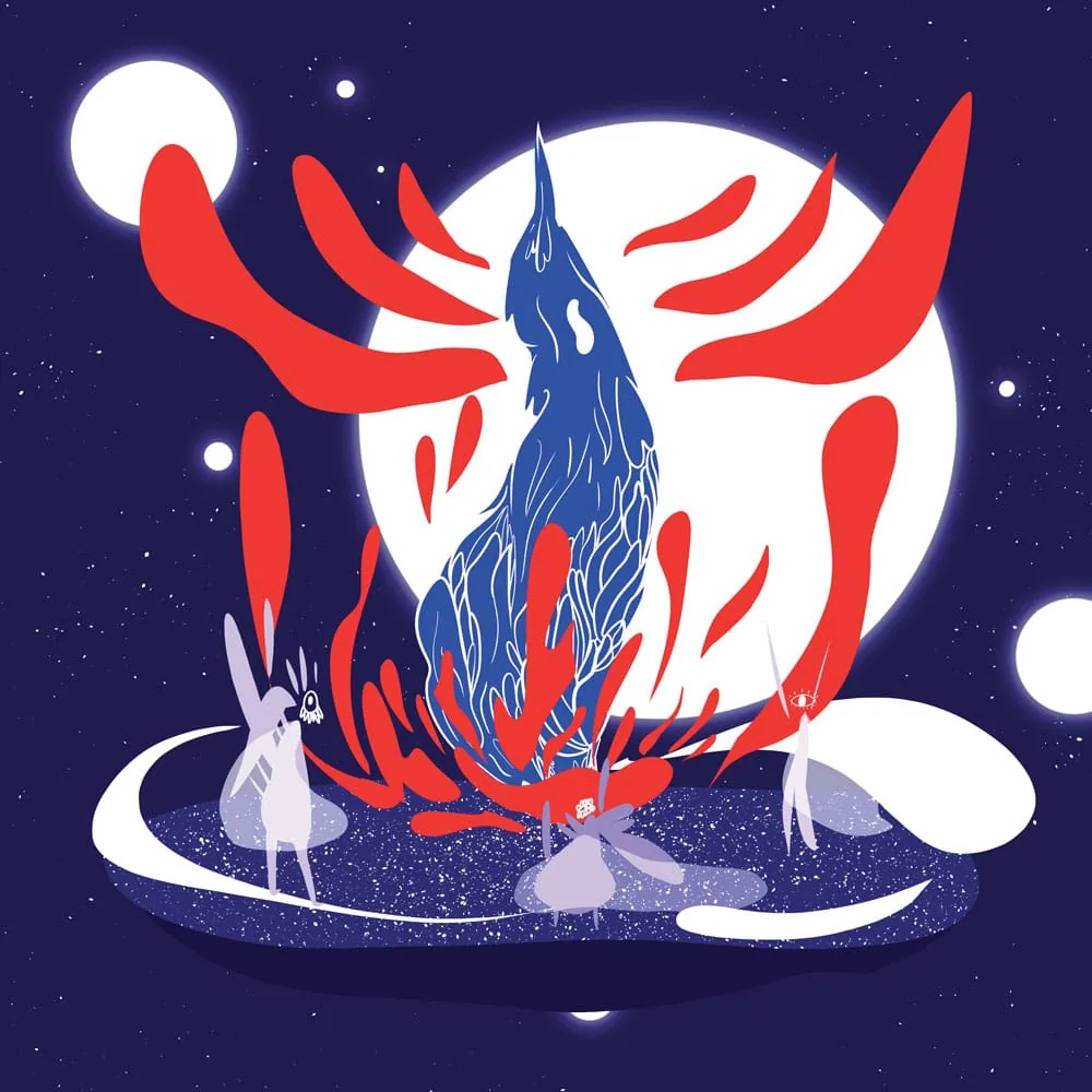 Créature bleue dressée dans des flammes rouges, devant une pleine lune blanche ; trois petites figures pâles l'entourent sur un plateau étoilé