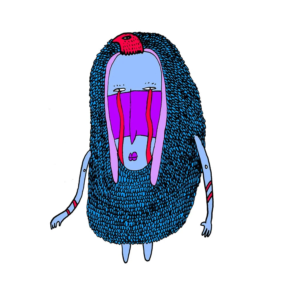 Créature au corps bleu piqueté, visage encadré de longues oreilles roses et coiffé d'une crête rouge, deux larmes rouges coulant de ses yeux — dessin coloré numériquement de FREDC