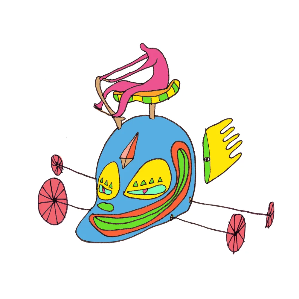 Grande tête d'oiseau bleue montée sur des roues à rayons ; une petite figure rose chevauche une bascule posée à son sommet — FREDC