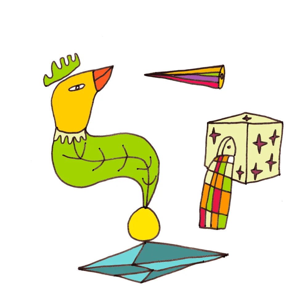 Oiseau jaune à crête verte prolongé d'un long corps vert ondulant, en équilibre sur un œuf ; un prisme rayé et un cube étoilé flottent à côté — composition de FREDC