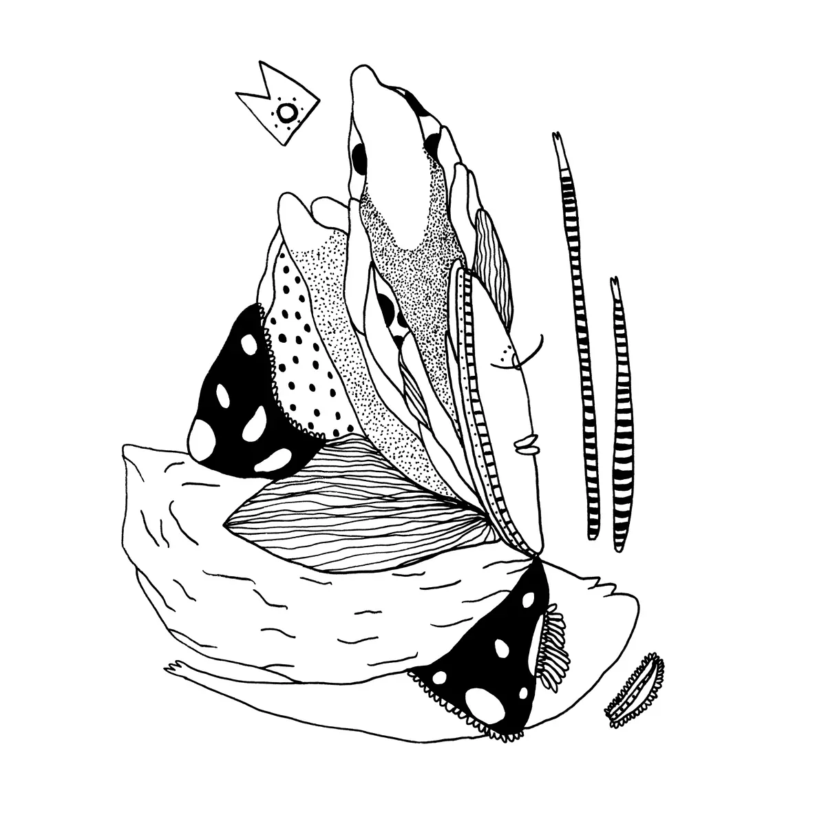 Figure ailée repliée, aplats noirs semés de pois blancs et bandes rayées ; une petite couronne flotte au-dessus d'elle, encre noire sur fond blanc