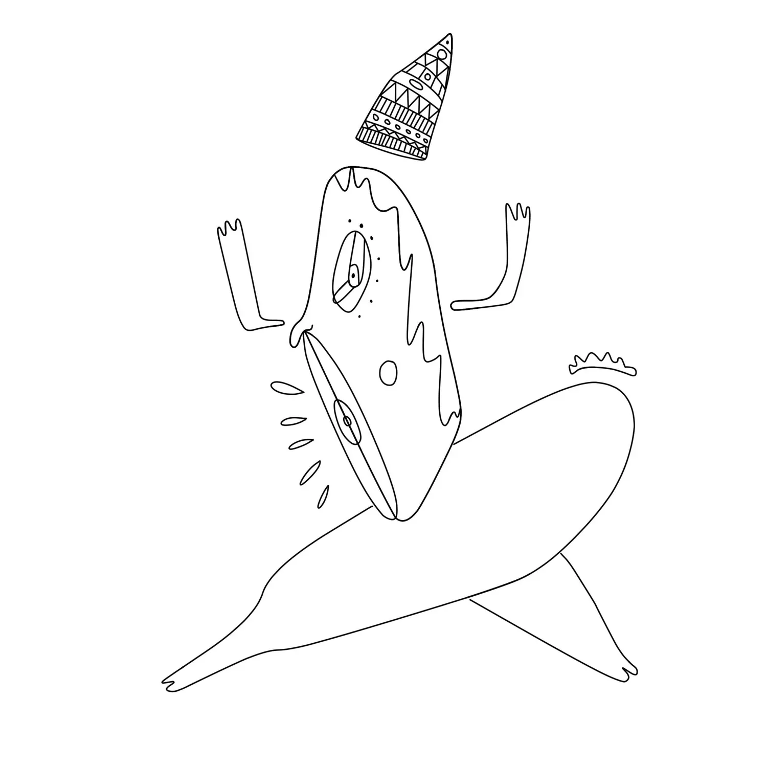 Personnage basculant en arrière, jambes croisées en l'air, son chapeau conique à motifs détaché au-dessus de sa tête, trait noir sur fond blanc