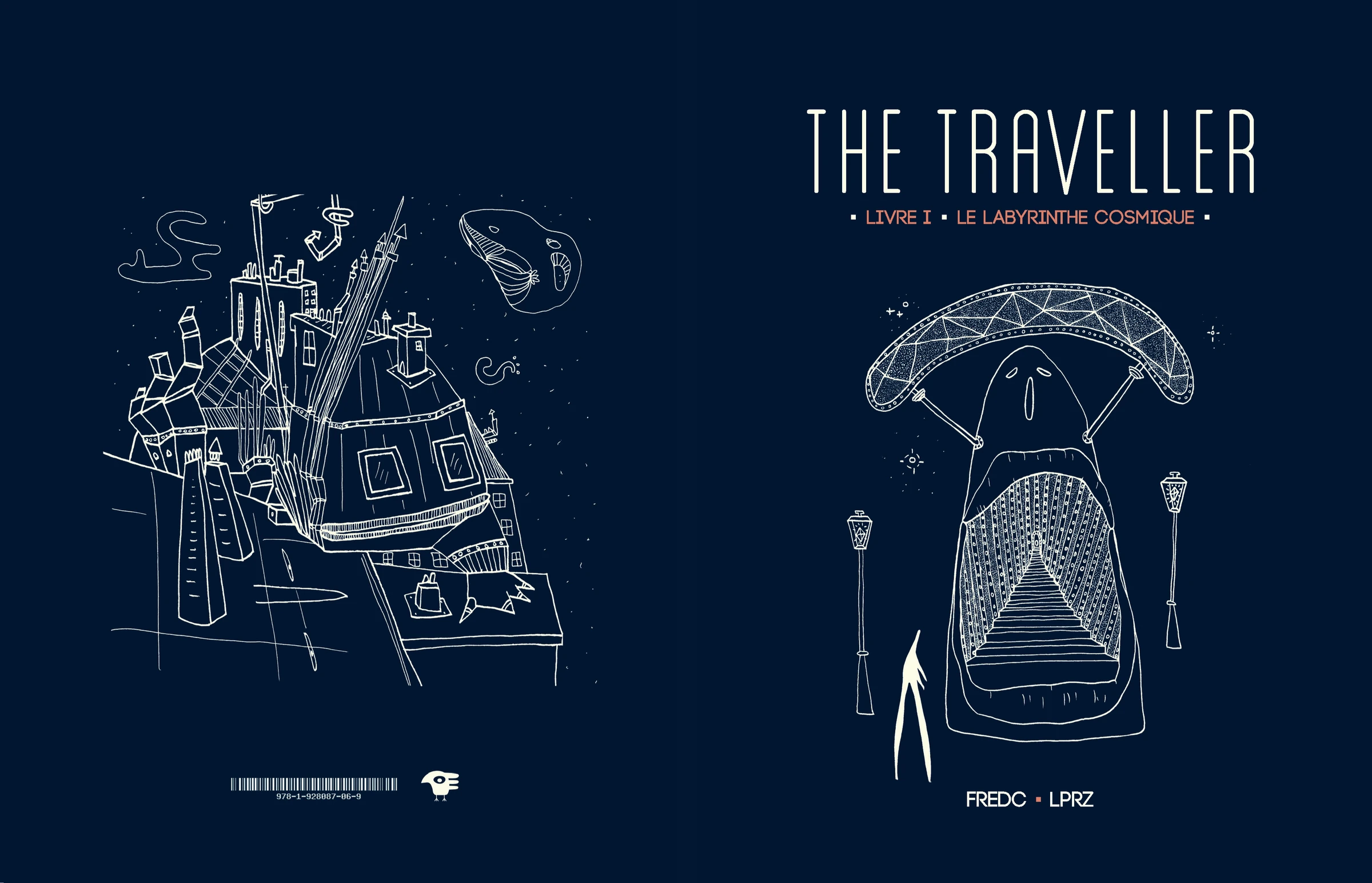 Double couverture du livre The Traveller — Livre 01 · Le labyrinthe cosmique, avec une ville-labyrinthe et une figure de voyageur dessinées en blanc sur fond bleu nuit.