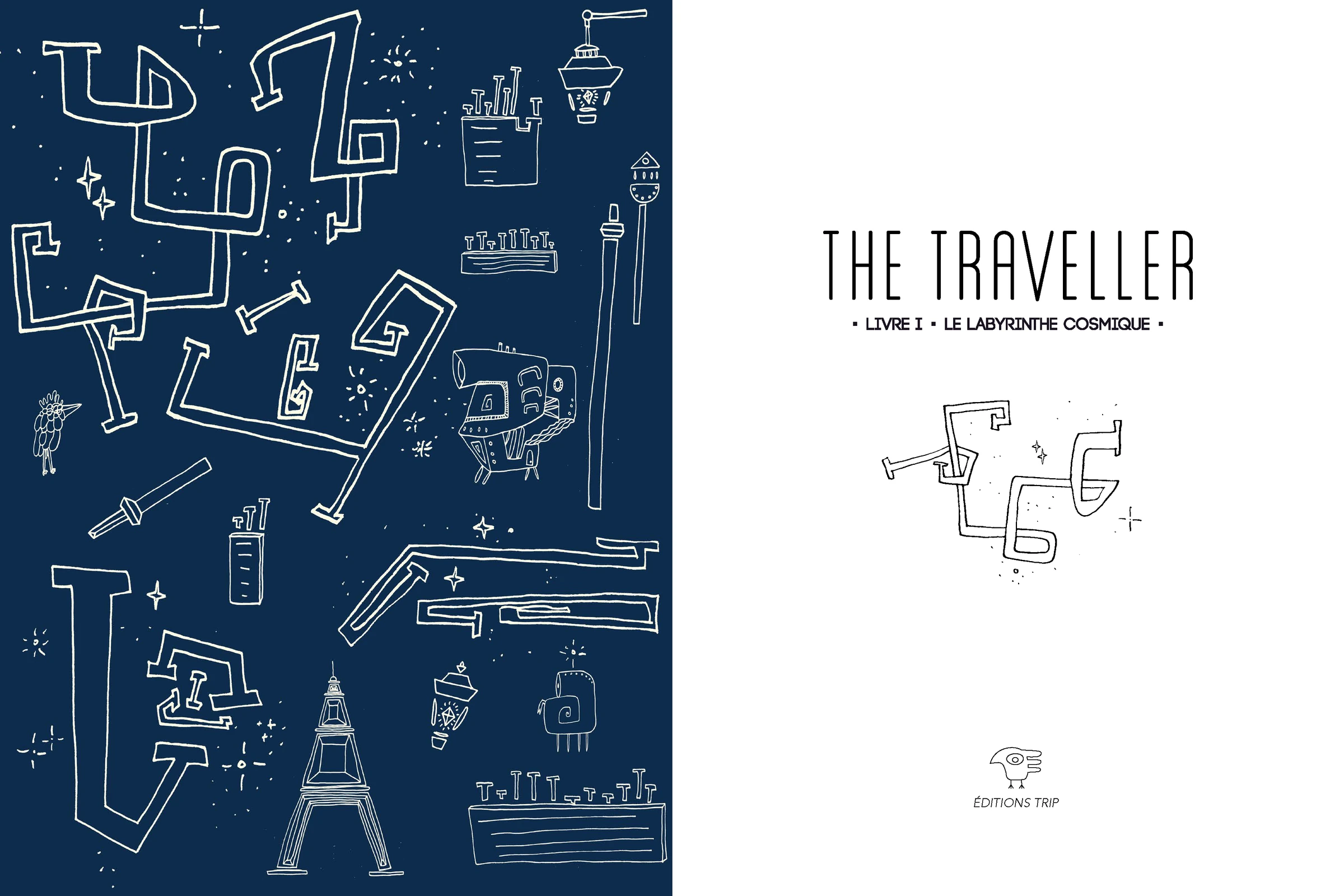 Double page d'ouverture avec une carte dessinée en blanc sur fond bleu à gauche et la page titre The Traveller — Livre 01 · Le labyrinthe cosmique à droite.