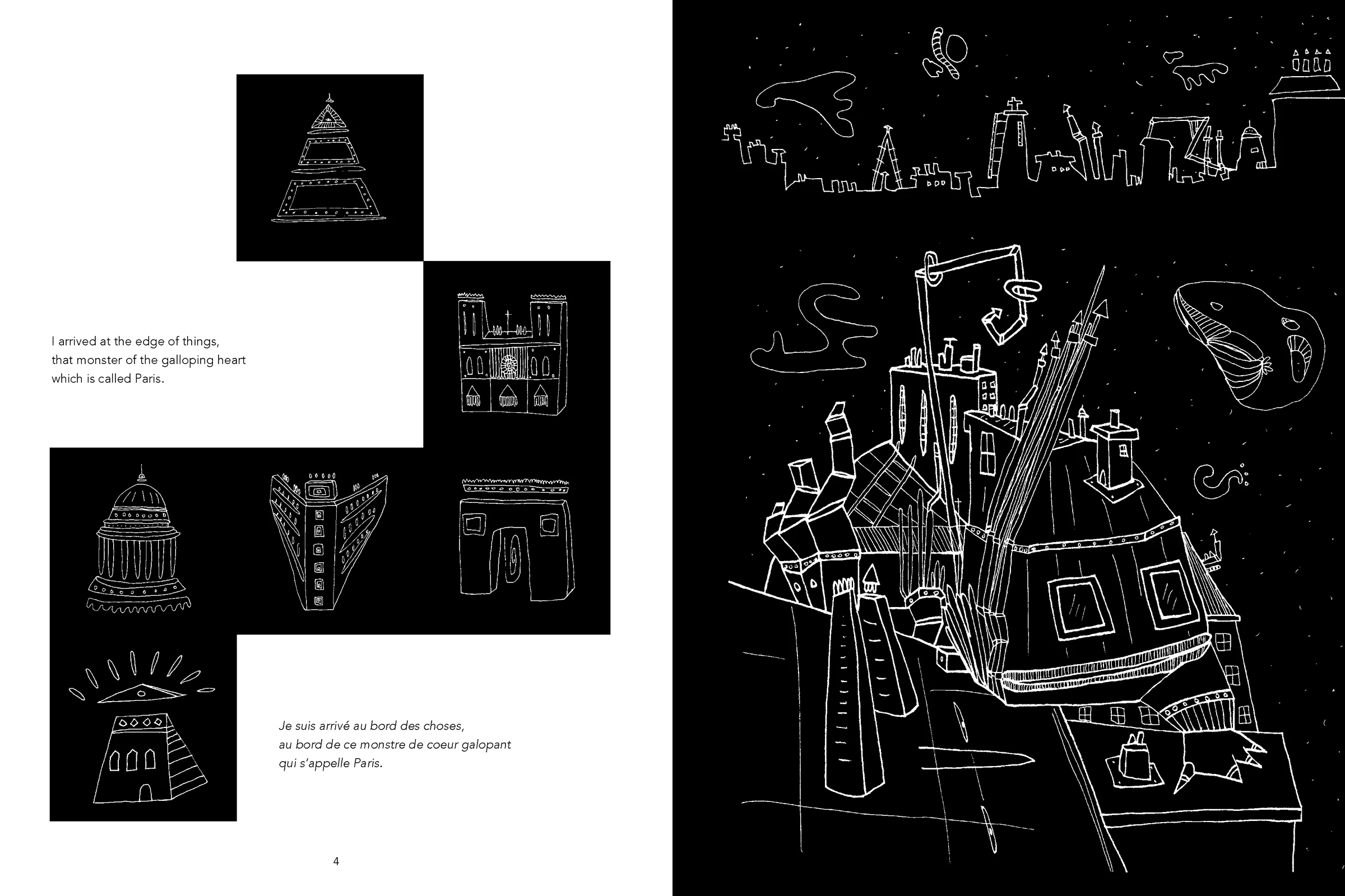 Double page montrant des monuments inspirés de Paris, une citation bilingue et une ville flottante dessinée en blanc sur fond noir.