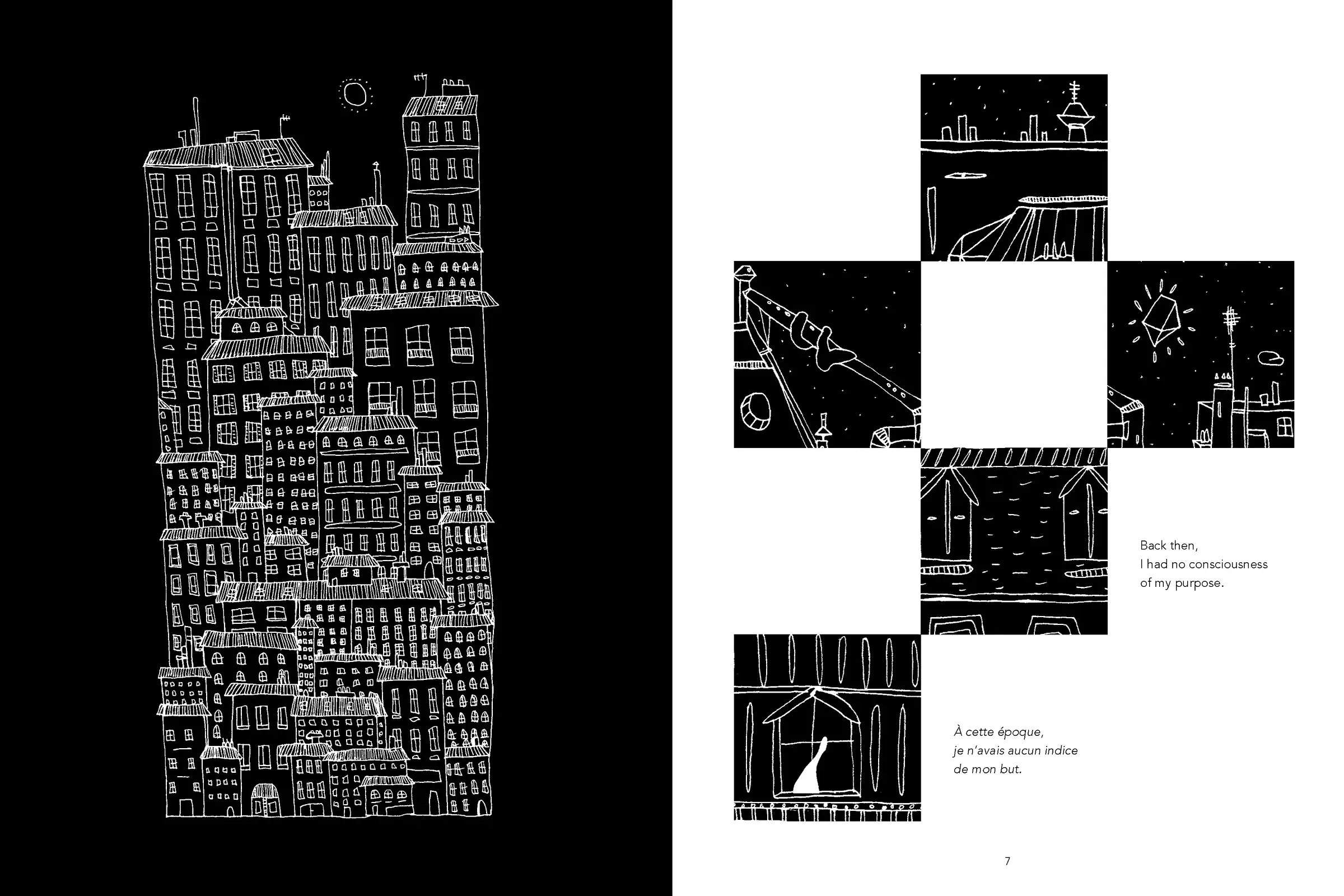 Double page montrant une tour d'immeubles entassés sur fond noir et des fragments de ville disposés autour d'un vide central.