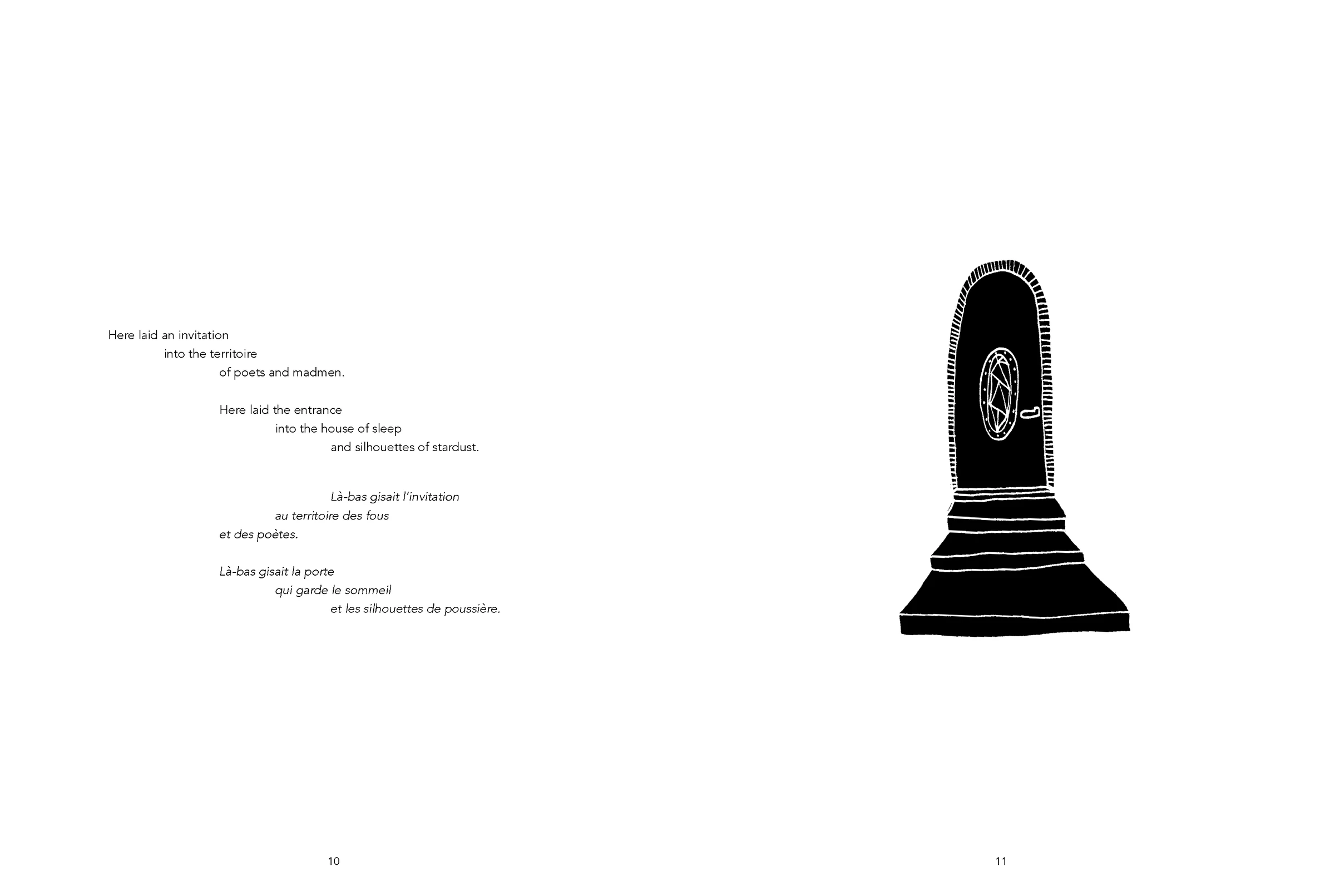 Double page minimaliste avec un poème bilingue à gauche et une porte noire isolée à droite.
