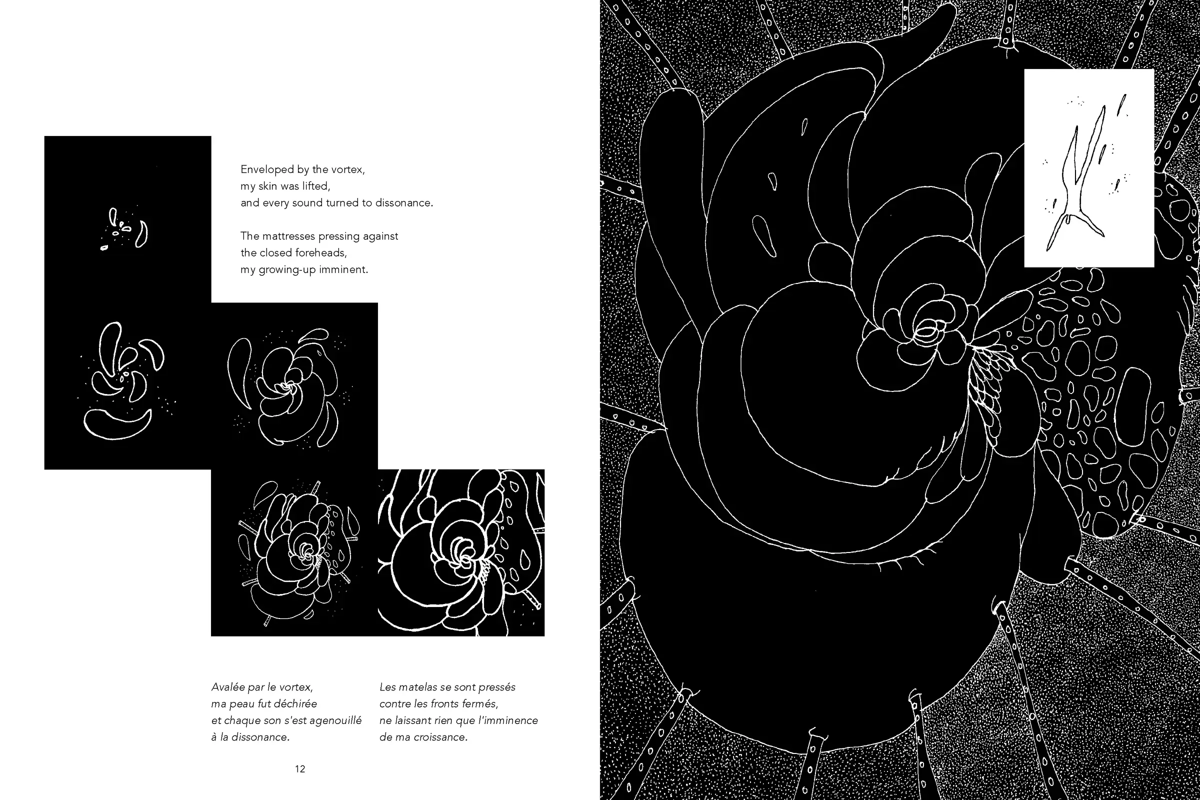 Double page avec des fragments noirs, un poème et une grande forme organique spiralée dessinée en blanc sur fond noir.