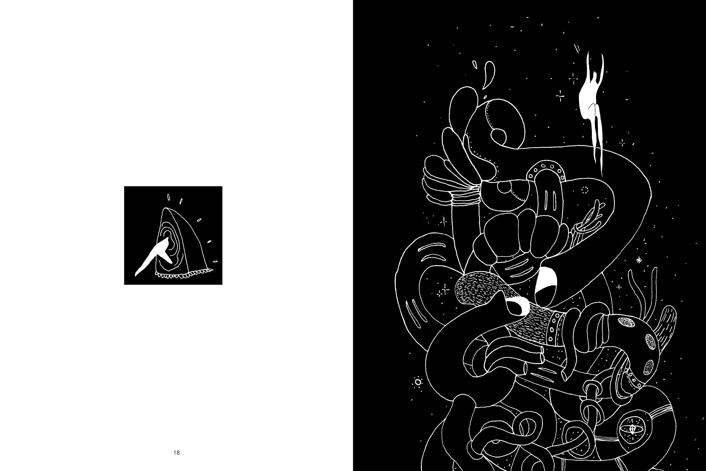 Double page montrant une petite figure blanche sur une page presque vide et une grande composition organique dessinée en blanc sur fond noir.