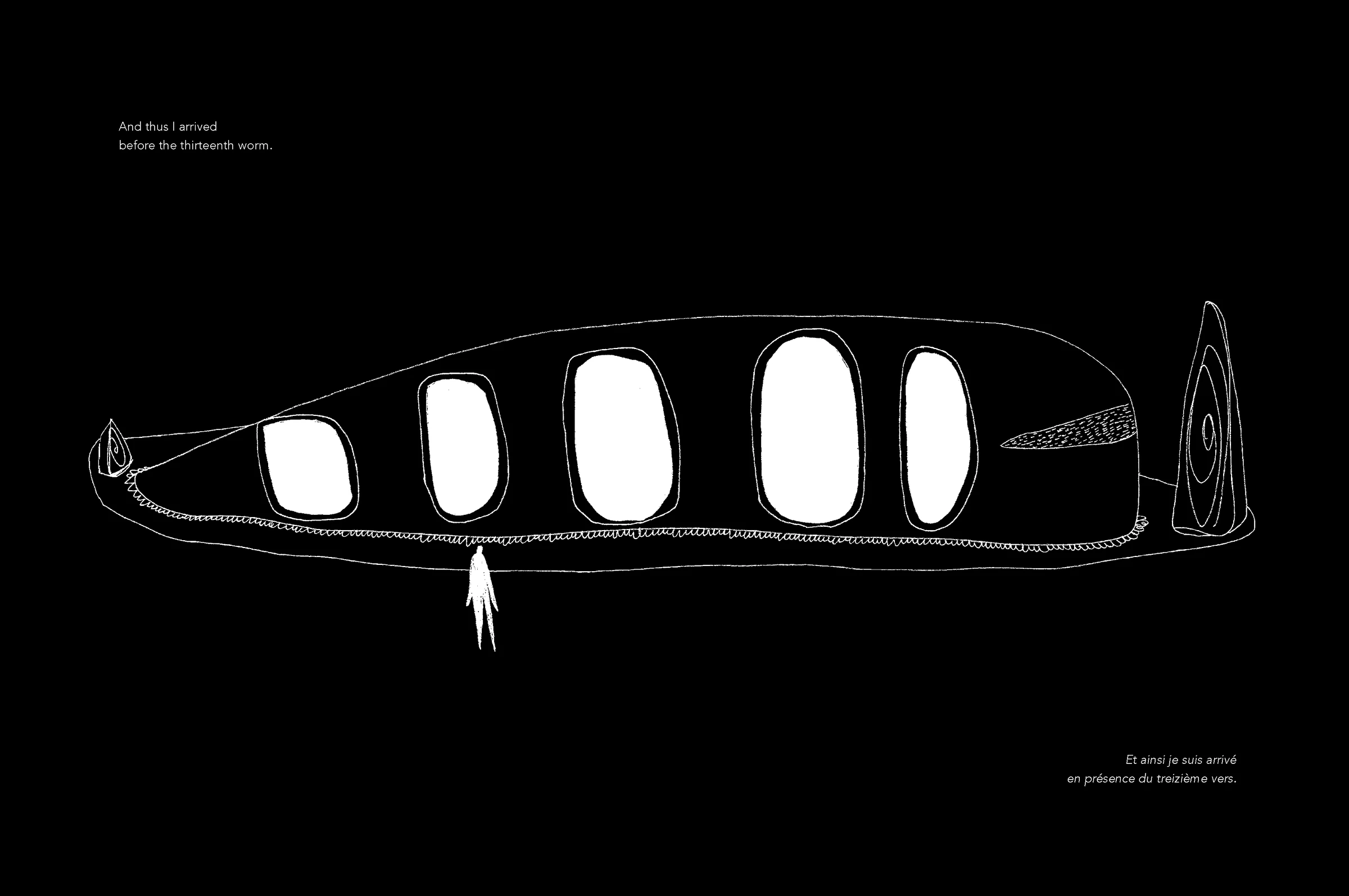 Illustration sur fond noir montrant une longue forme noire avec des ouvertures blanches, devant laquelle se tient une petite figure blanche.