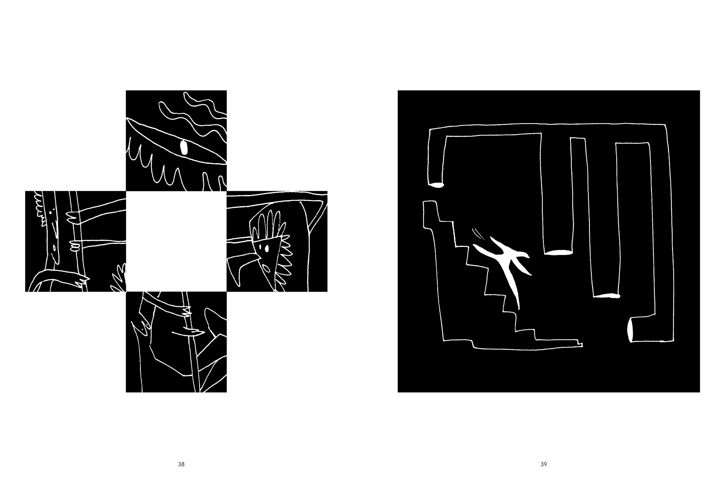 Double page avec une composition en croix de fragments noirs à gauche et une forme de labyrinthe noir avec escalier et silhouette blanche à droite.