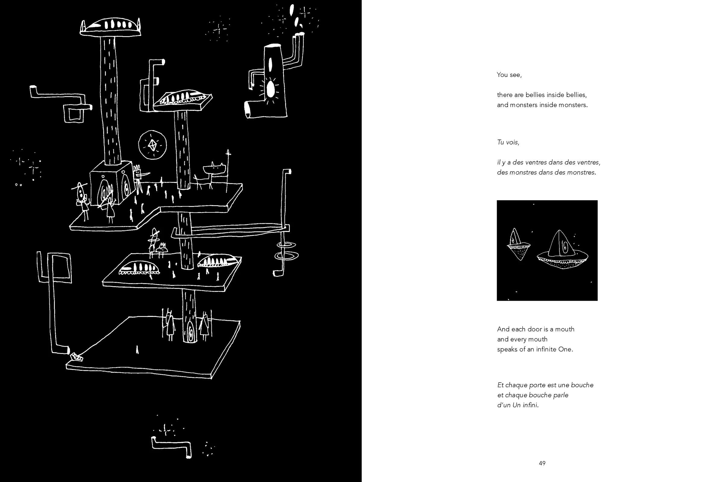 Double page avec une grande structure verticale dessinée en blanc sur fond noir à gauche et un poème bilingue accompagné d'une petite image à droite.