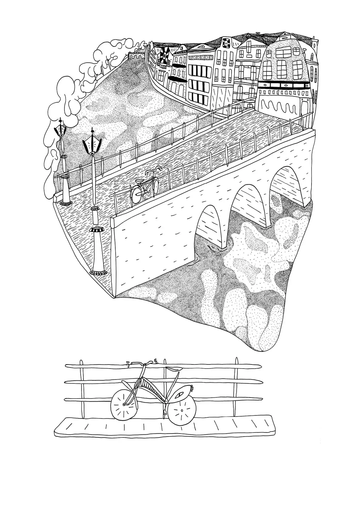 Pont de pierre à arches enjambant un canal d'Amsterdam, maisons à pignons alignées sur la rive, lampadaires et un vélo appuyé au parapet ; en dessous, un second vélo attaché à une barrière.