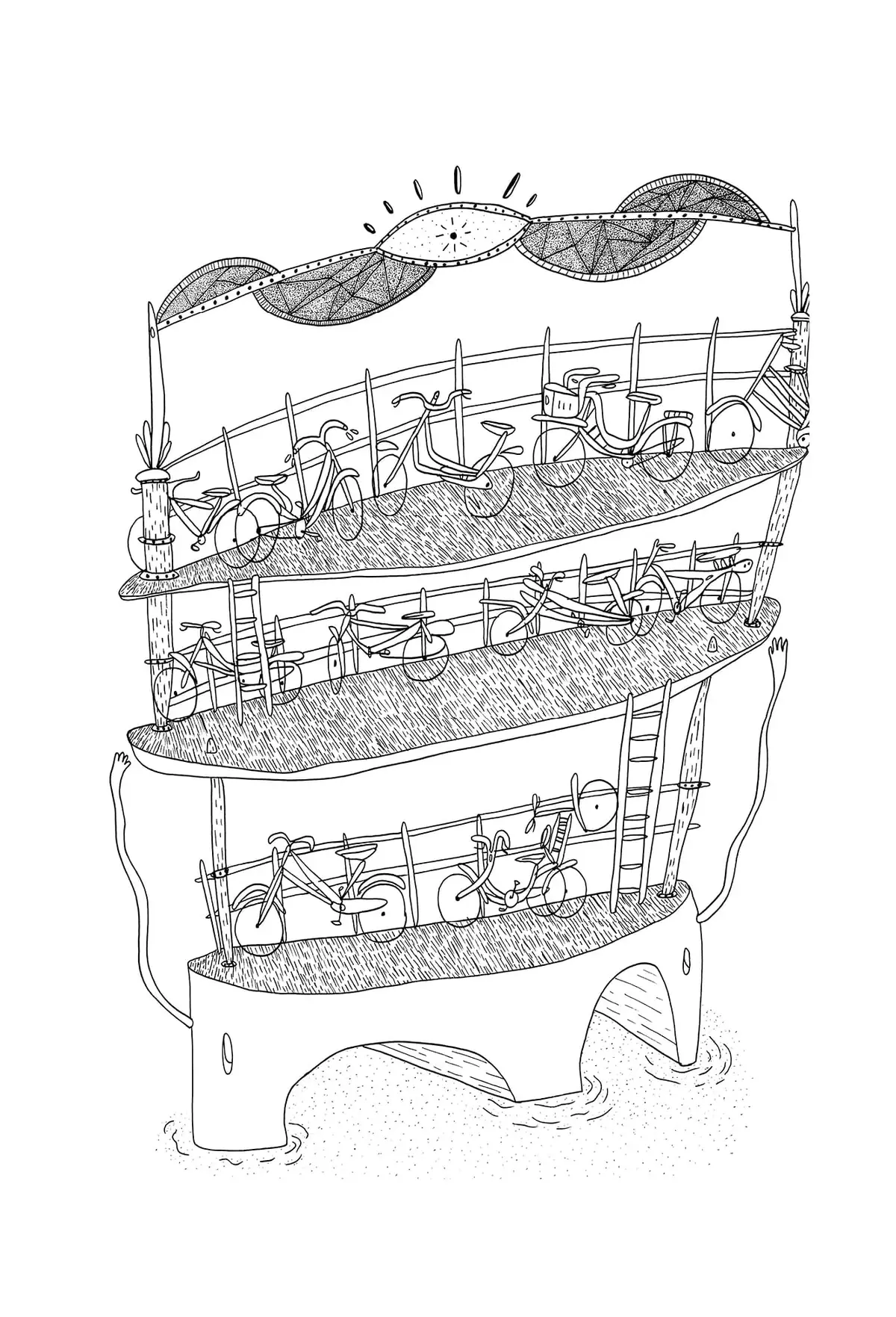 Garage à vélos à trois niveaux : des plateformes incurvées chargées de bicyclettes s'empilent au-dessus d'un socle en arche posé dans l'eau, une guirlande de feuilles tendue au sommet.