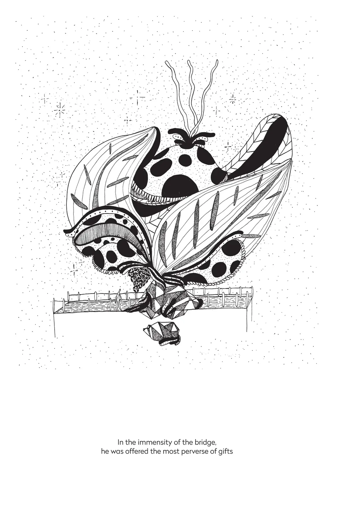 Papillon de nuit géant aux ailes tachetées et aux longues antennes, posé sur le parapet d'un pont, dans un ciel pointillé.