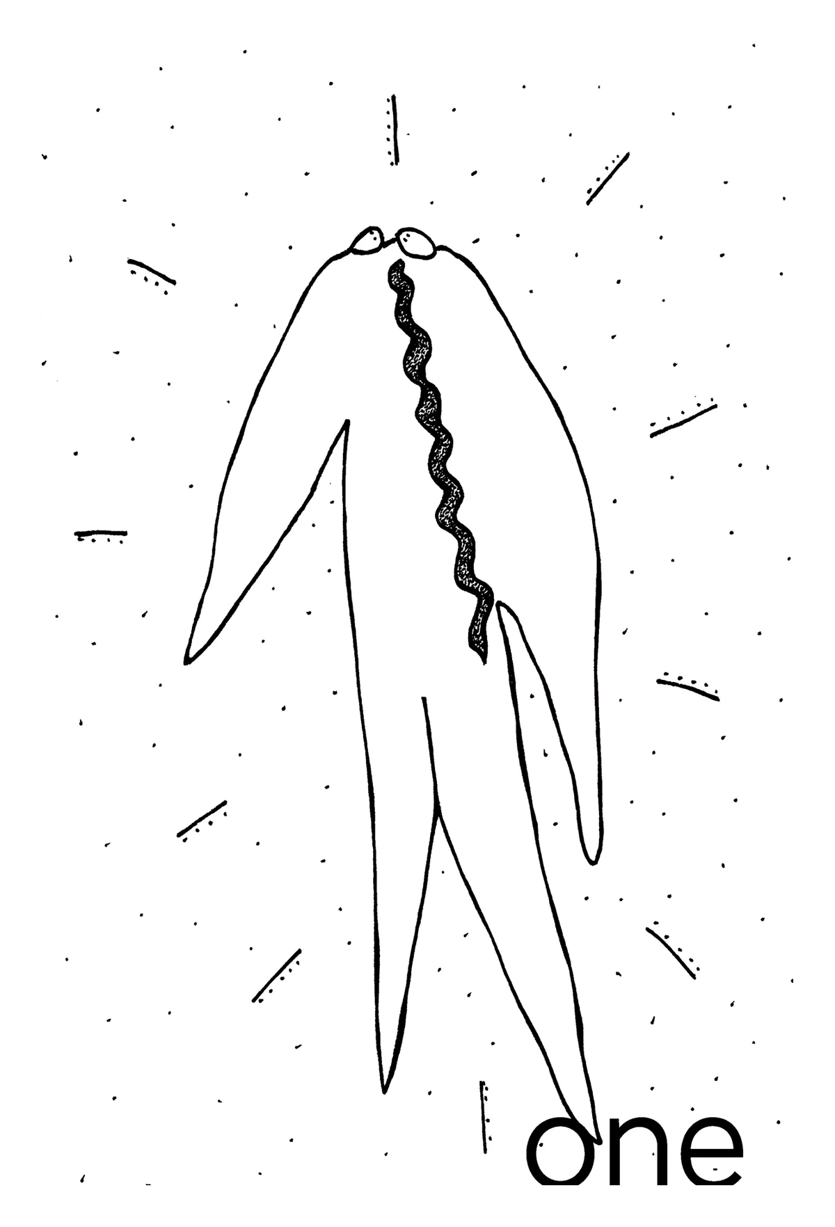 Figure élancée aux petits yeux ronds et aux bras pendants, une ligne noire ondulée courant le long de son corps comme une fissure ; le mot « one » en grandes lettres au bas de la page.