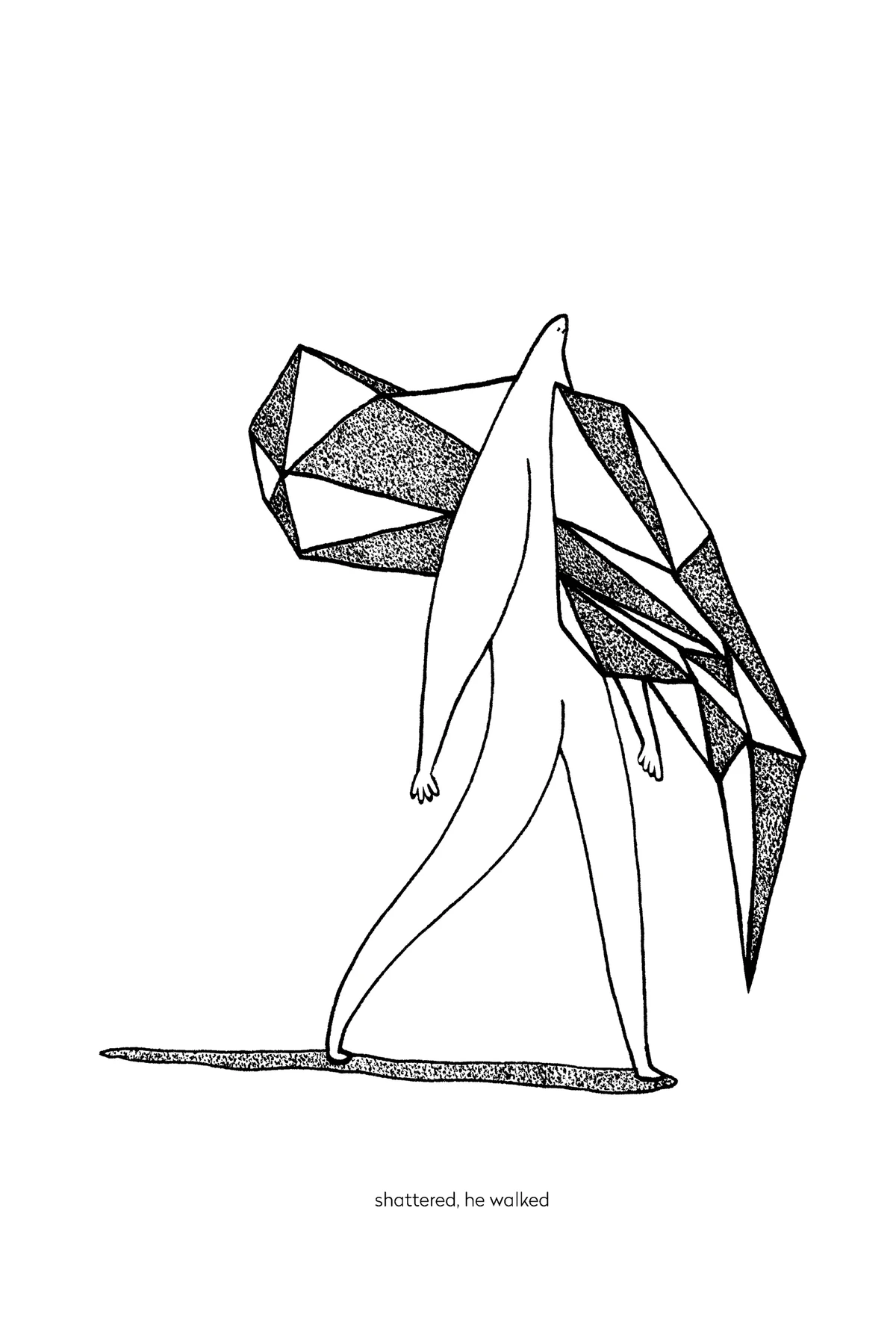 Figure en marche dont le haut du corps éclate en facettes géométriques pointillées, traînées derrière elle comme une aile brisée, au-dessus d'une longue ombre pointillée.