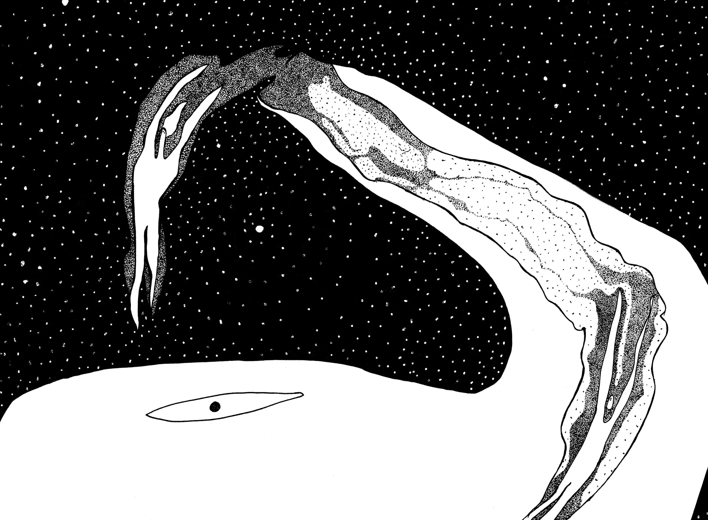 Un immense bras blanc s'arque au-dessus d'un ciel noir constellé d'étoiles ; en dessous, une masse blanche portant un œil unique.